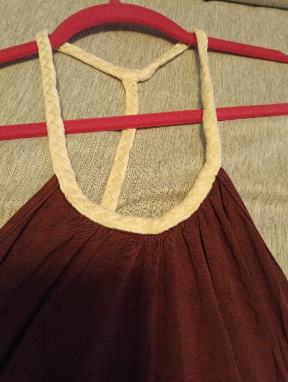 POL Braided Razor Back Halter Dress Size Small Handkerchief Hem Burgundy Boho - Picture 2 of 5